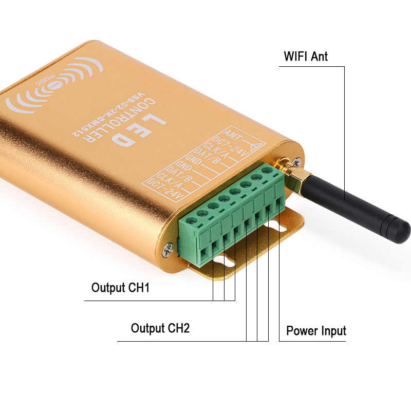 DC7-24V Double Channels 2048 pixels LED WIFI SPI Music Spectrum Android Controller For WS2812B, SK6812 RGB/RGBW Addressable LED Strip Lights APP Support Input Content DC7-24V Double Channels 2048 pixels LED WIFI SPI Music Spectrum Android Controller For WS2812B, SK6812 RGB/RGBW Addressable LED Strip Lights APP Support Input Content